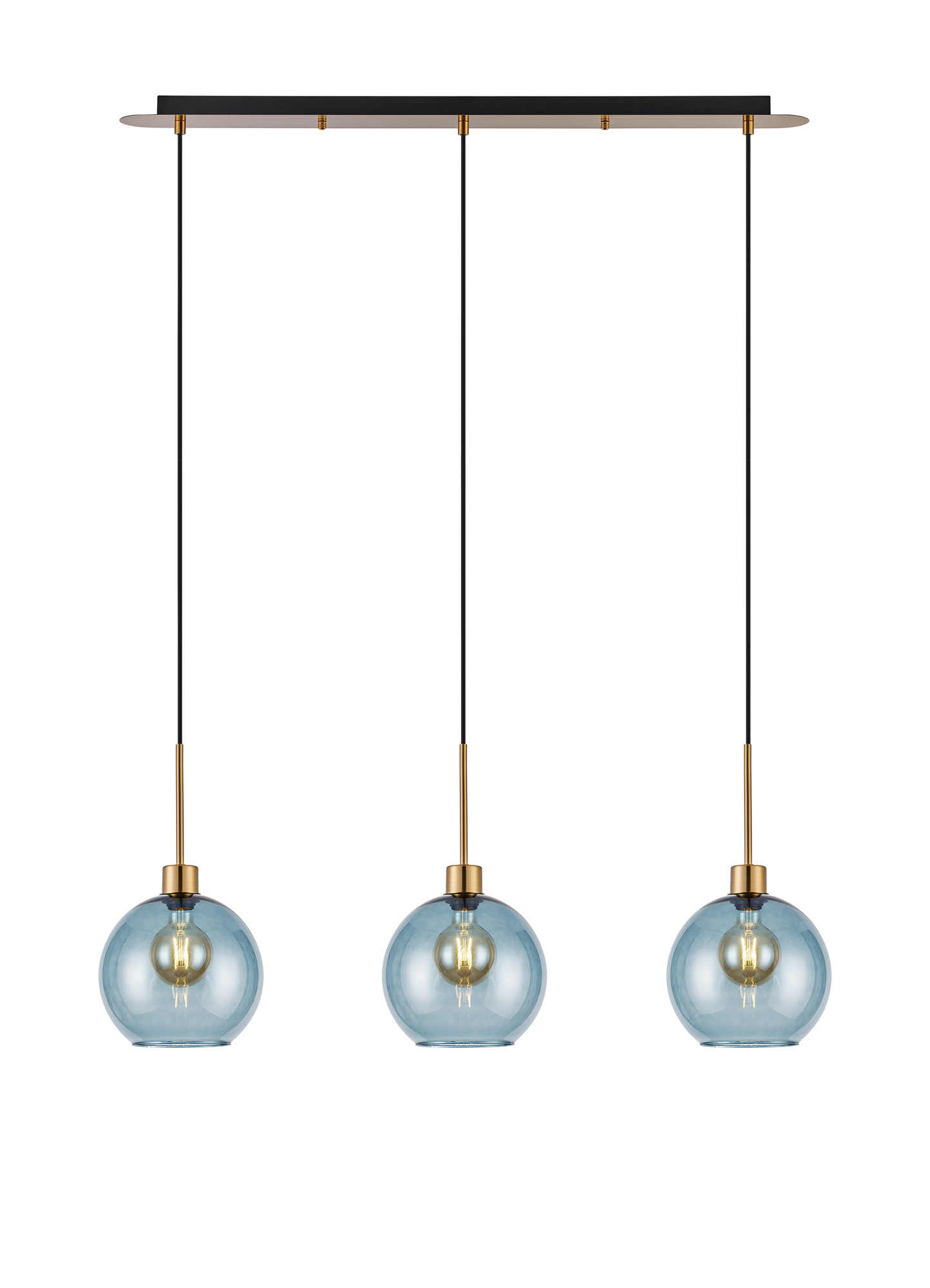 DK1208  Lori Linear Pendant, 3 Light Adjustable E27, Antique Gold/Blue Open Mouth Round Globe Shades